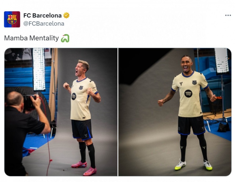 巴萨官方晒莱万、拉菲尼亚身穿科比联名球衣定妆照：曼巴精神